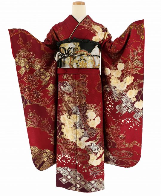成人式振袖[クール系][古典柄]エンジに金彩で草花[身長162cmまで]No.1114